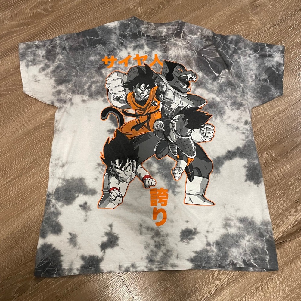 Dragon Ball Z Mens T-Shirt Size Large Grey Tie Dye Cotton Goku Vegeta Graphic